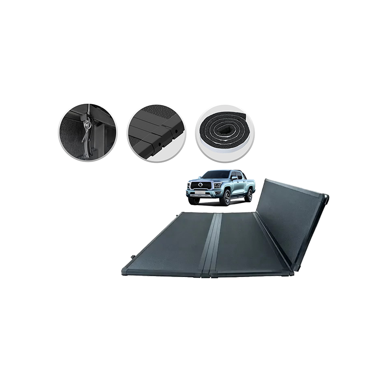 Tri-fold hard tonneau cover with detail callouts