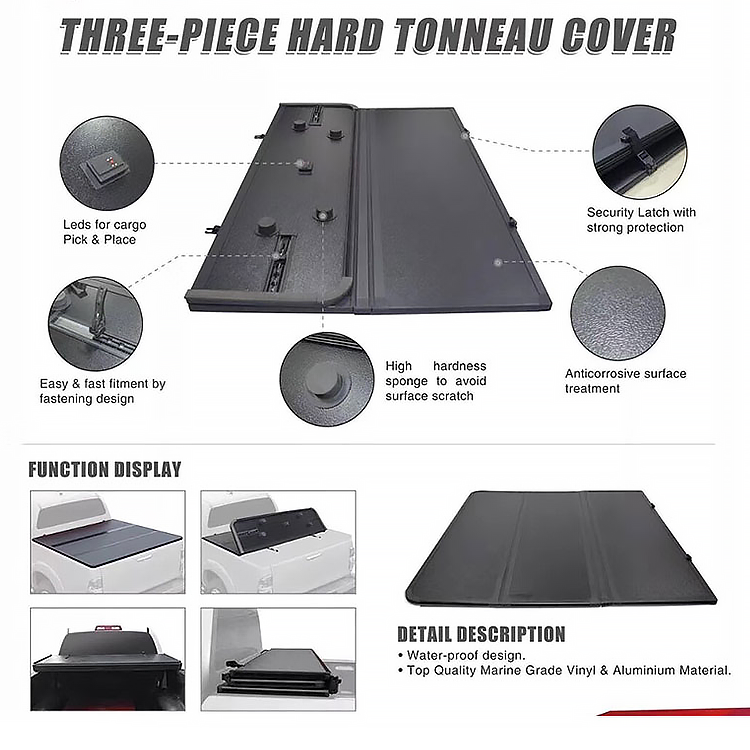 Tri-fold tonneau cover feature display — locking, waterproof, no-drill installation