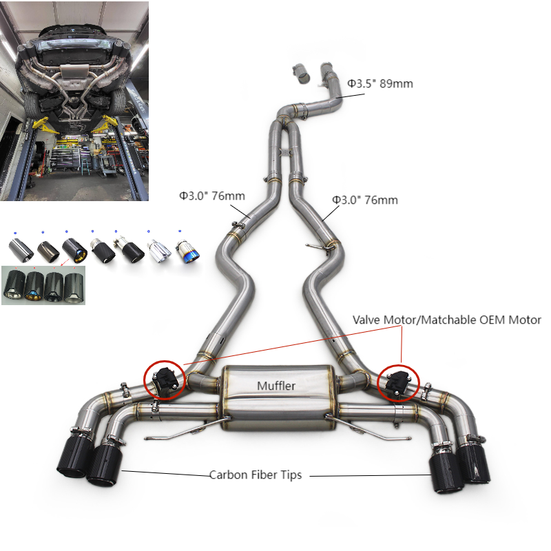 Bosca M340i M440i LCI cat-back exhaust spec diagram