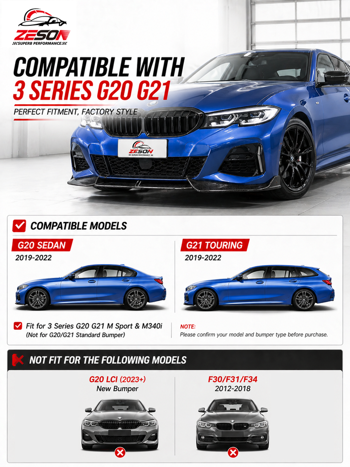 BMW 3 Series Pre-LCI (330i/M340i M Sport) (G20/G28) Carbon Fiber Front Lip — AD Style (2019–2022)